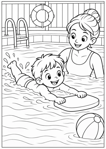 Swimming in the pool — Large shapes — printable coloring page