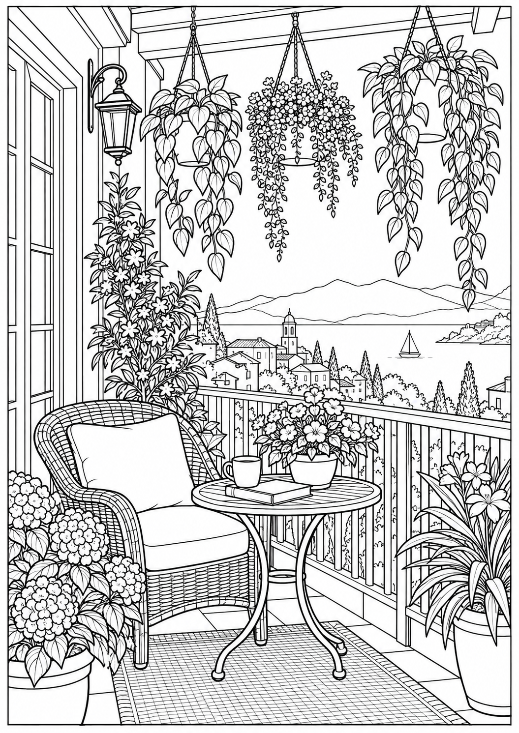 A balcony with hanging plants — black-and-white adult coloring page