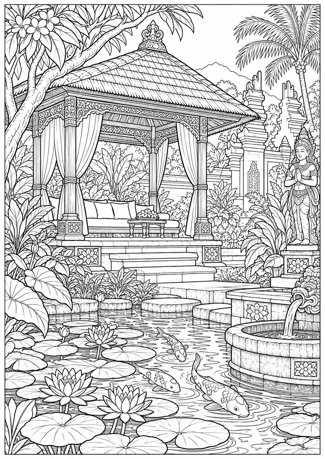 A Balinese garden pavilion — black-and-white adult coloring page