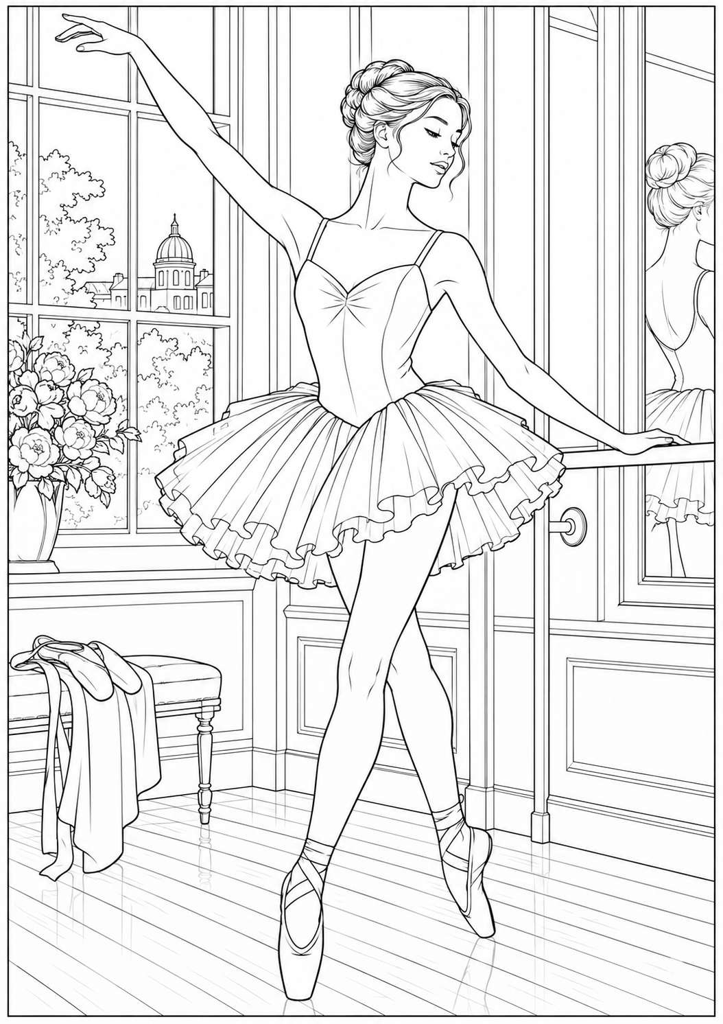 A ballerina at the barre — black-and-white adult coloring page