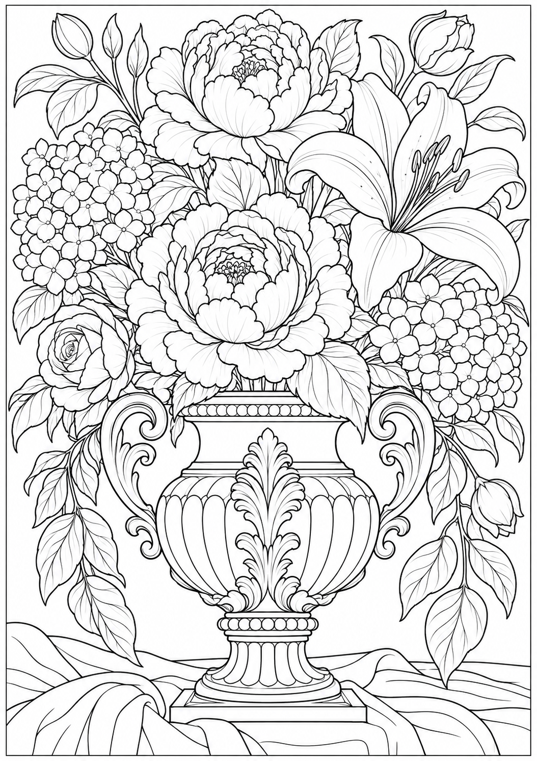 A Baroque inspired flower vase — black-and-white adult coloring page