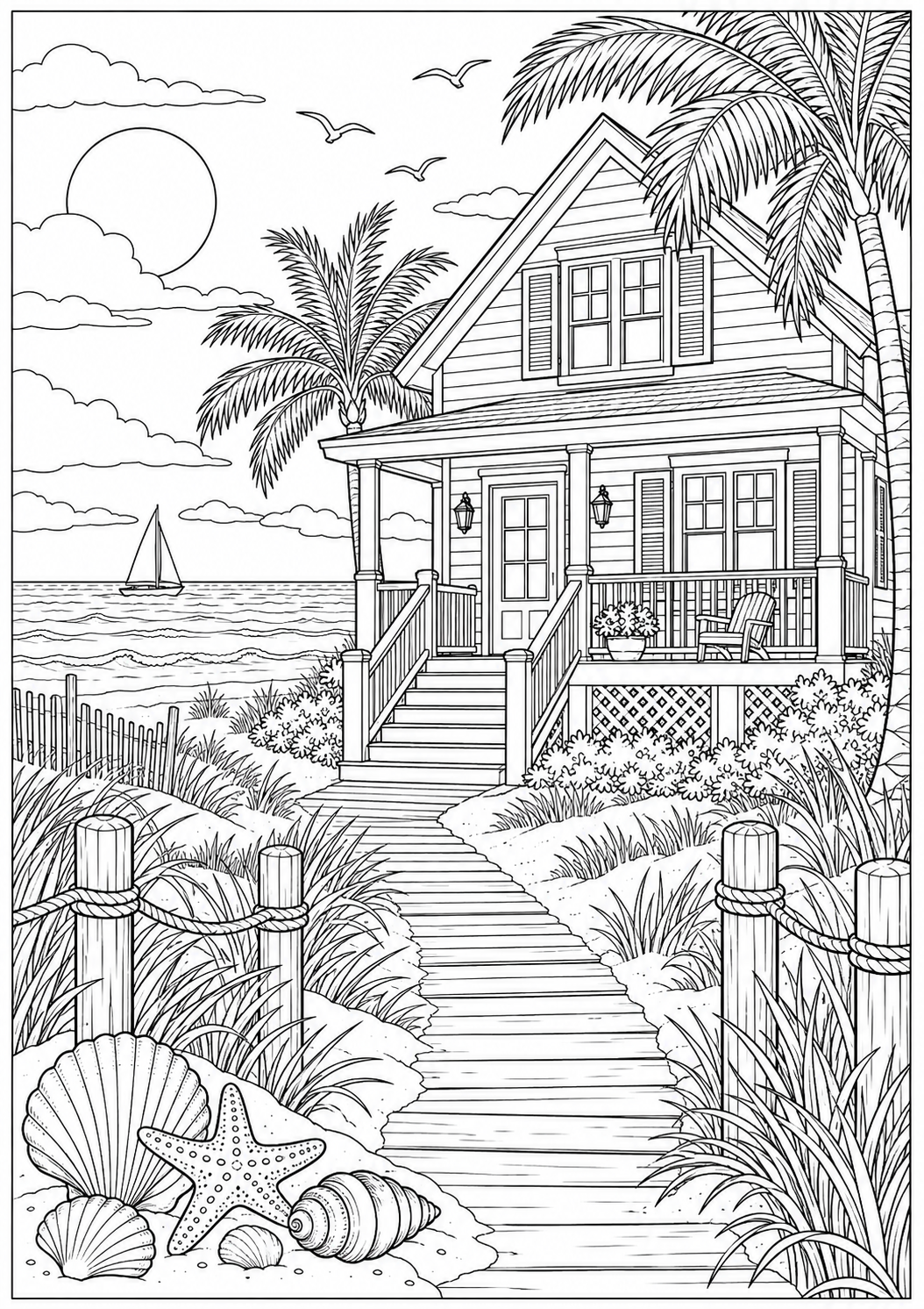 A beach house with shells — black-and-white adult coloring page