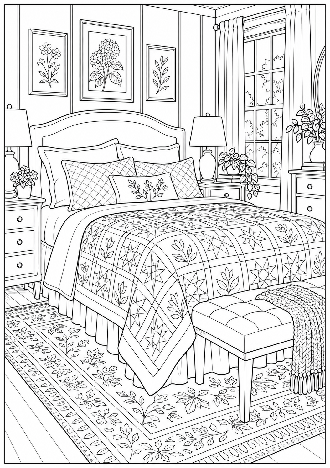 A bedroom with a quilt — black-and-white adult coloring page
