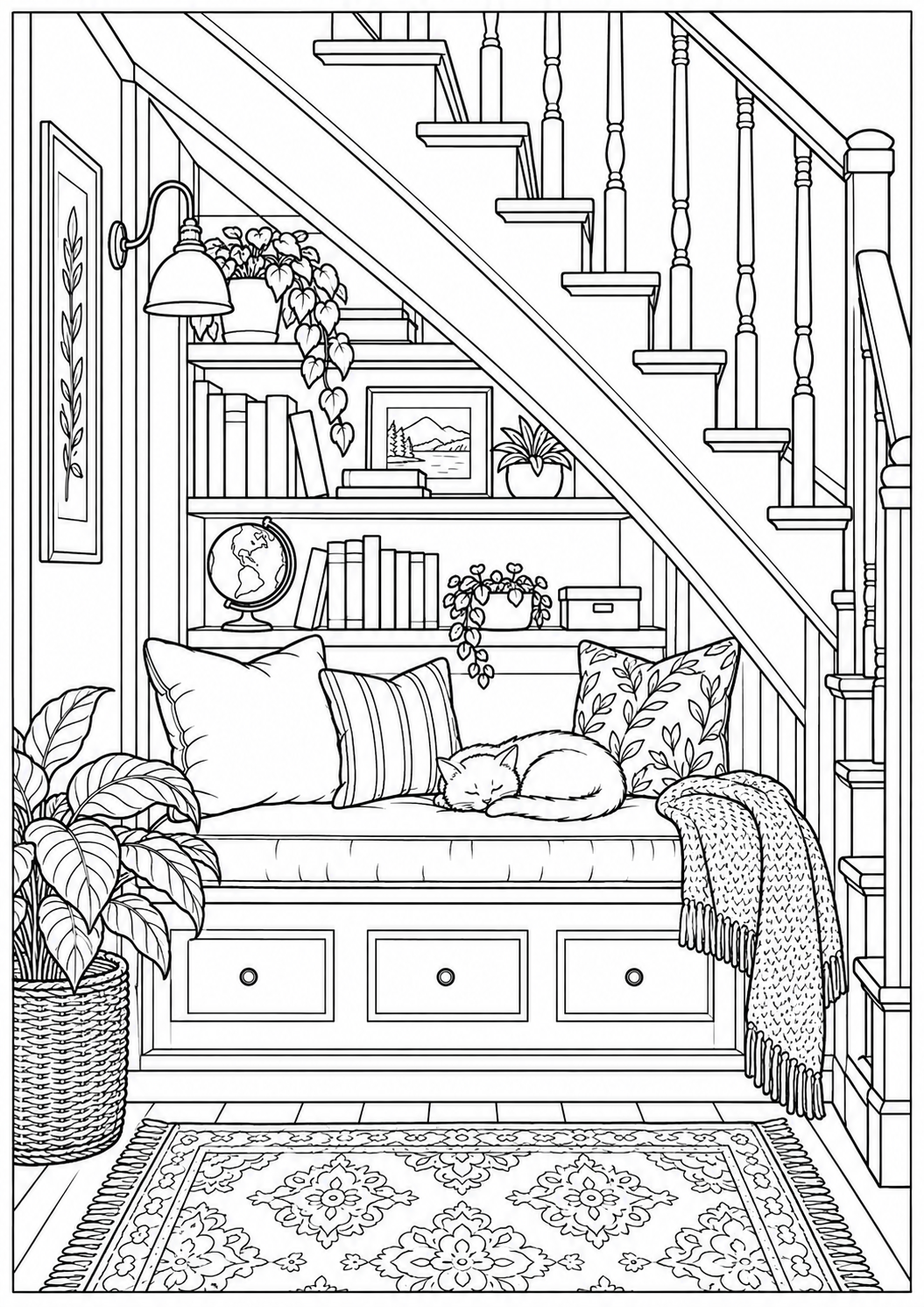 A book nook beneath the stairs — black-and-white adult coloring page