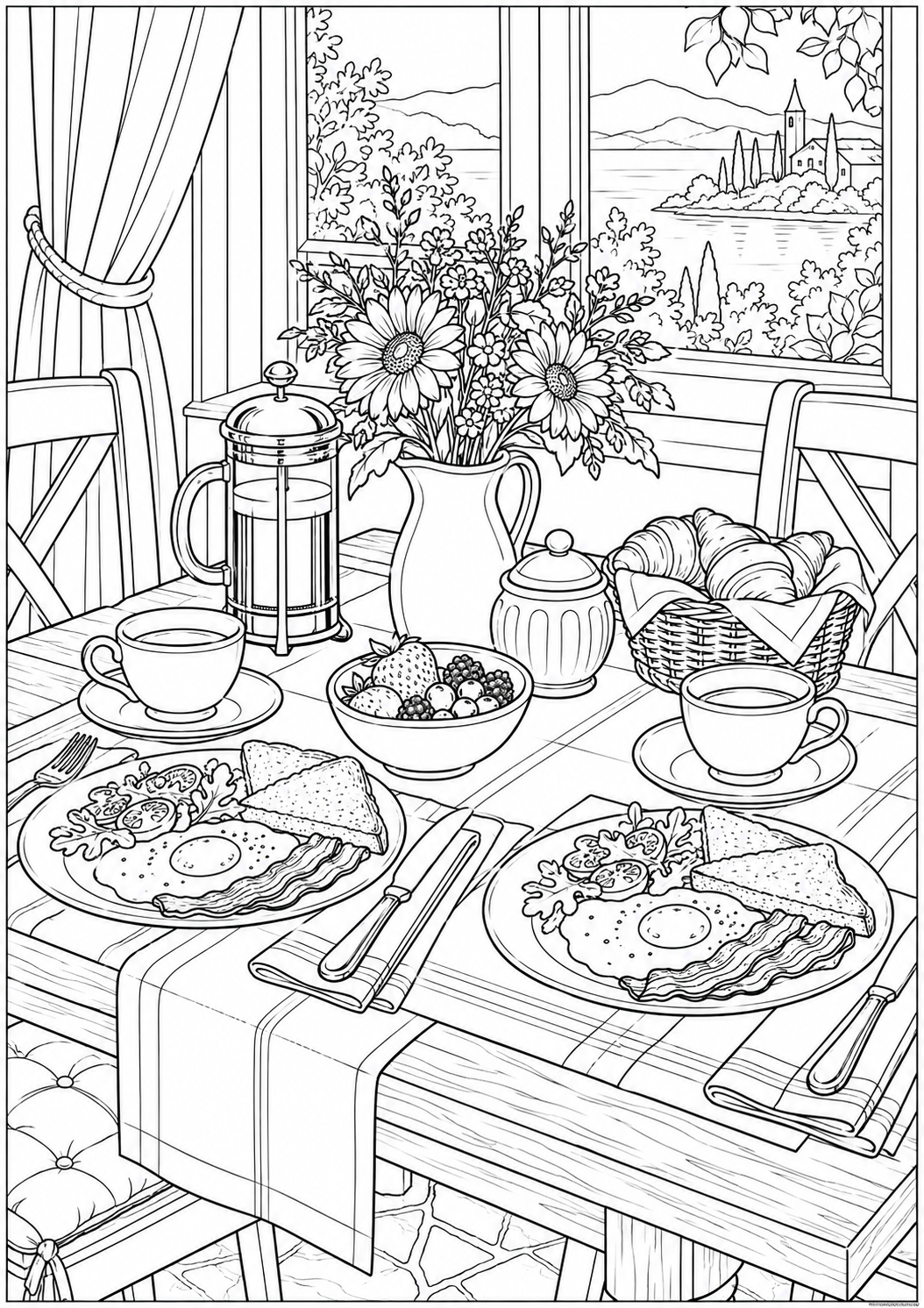 A breakfast table for two — black-and-white adult coloring page