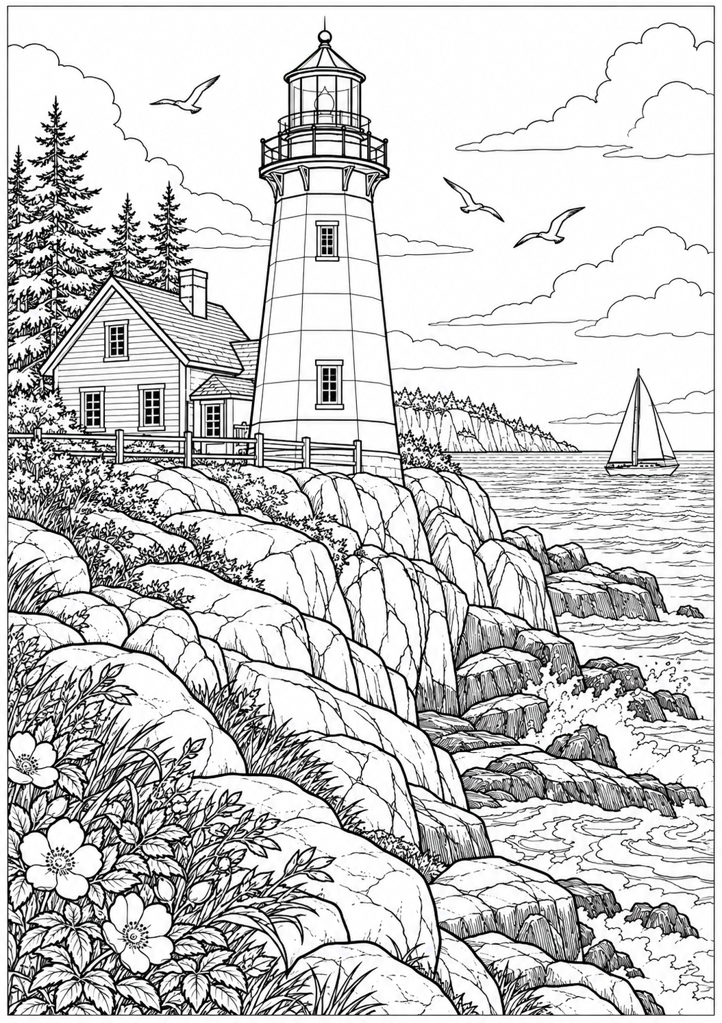 A Canadian lighthouse — black-and-white adult coloring page