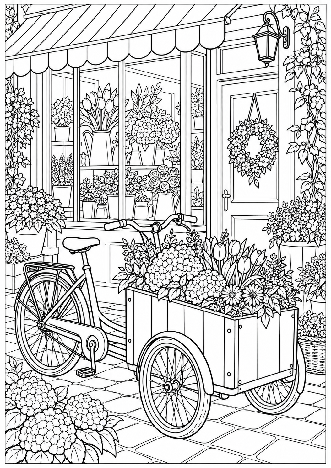 A cargo bike by a flower shop — black-and-white adult coloring page