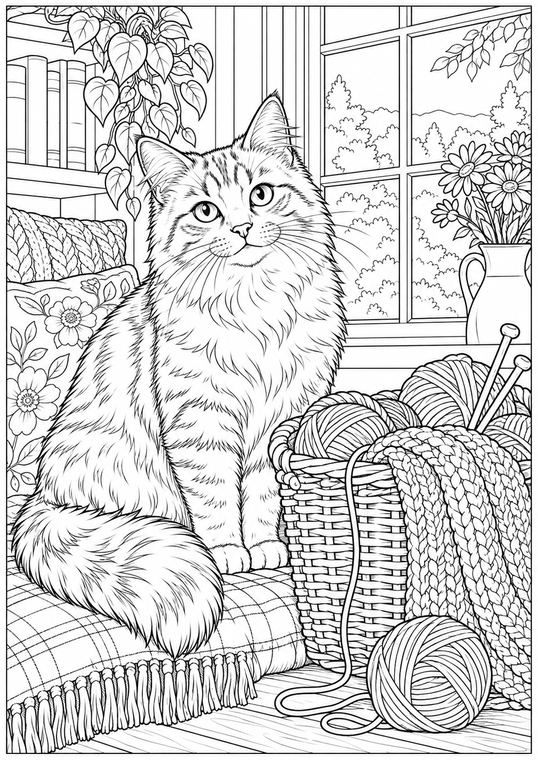 A cat beside a knitting basket — black-and-white adult coloring page