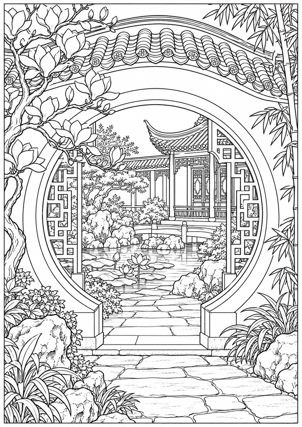 A Chinese moon gate — black-and-white adult coloring page
