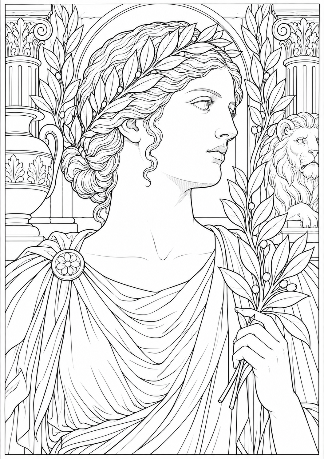 A classical relief with laurel — black-and-white adult coloring page