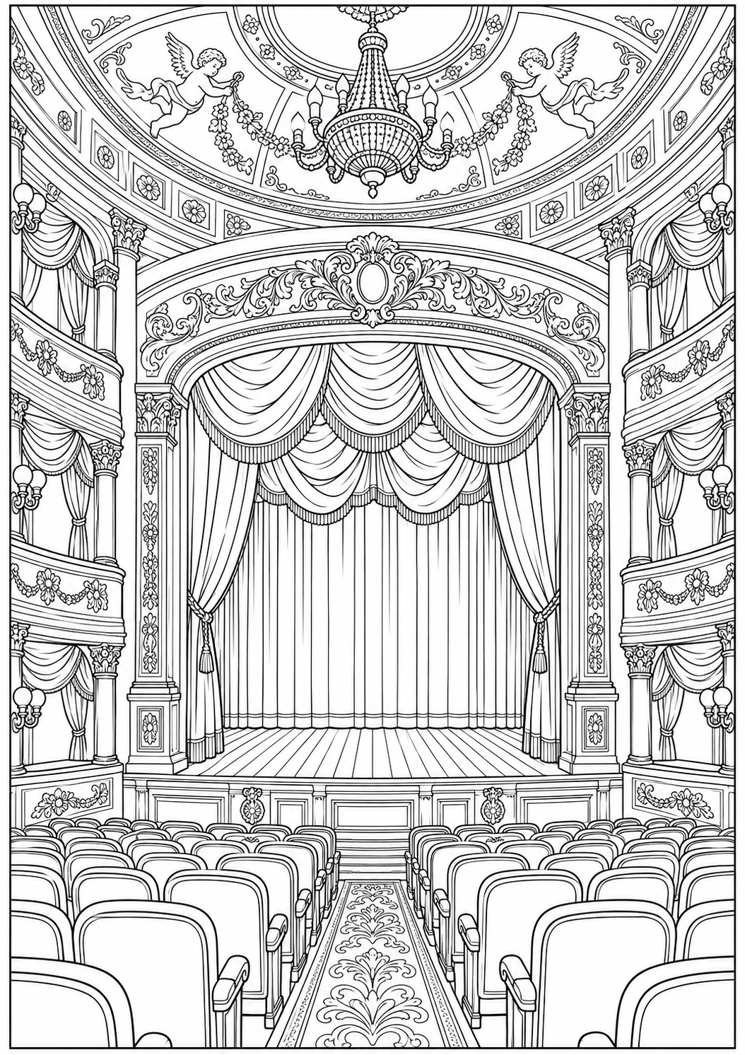 A classical theater interior — black-and-white adult coloring page