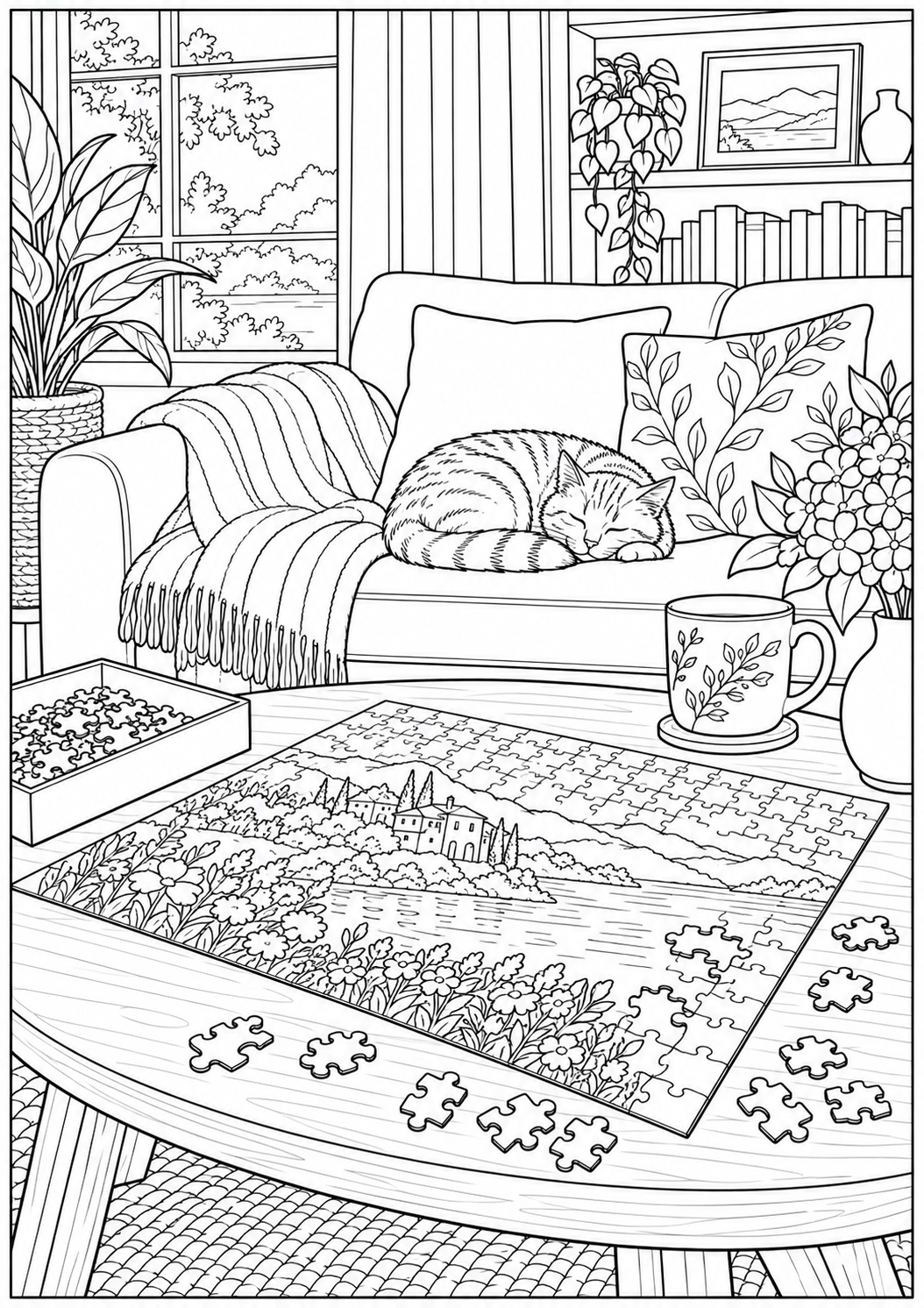A coffee table with a puzzle — black-and-white adult coloring page