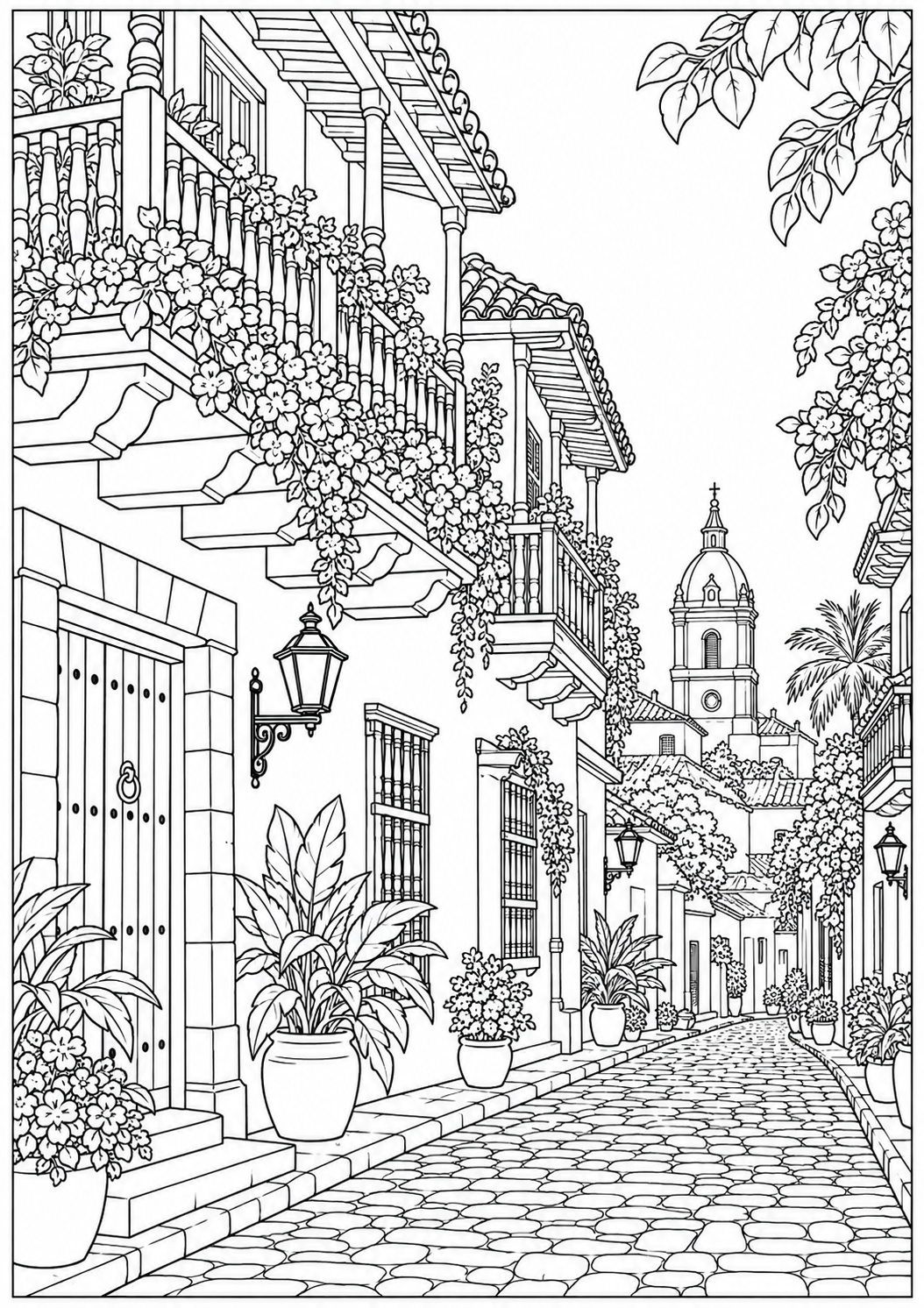 A Colombian balcony street — black-and-white adult coloring page
