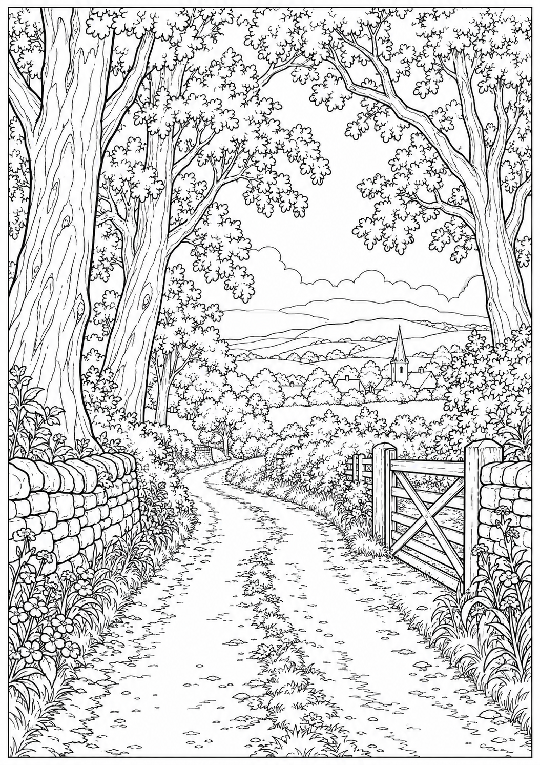 A country lane with tall trees — black-and-white adult coloring page