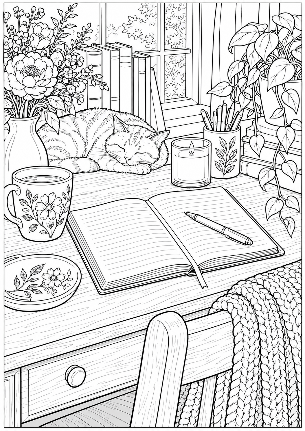 A cozy desk with a journal — black-and-white adult coloring page