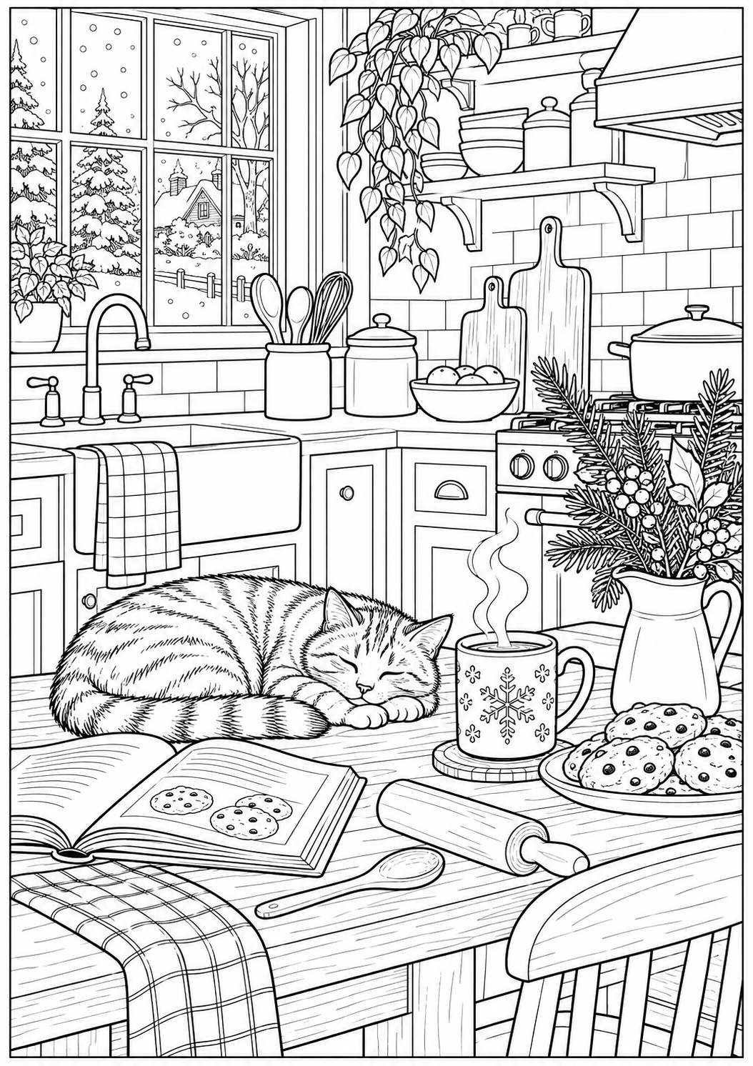 A cozy kitchen on a snowy day — black-and-white adult coloring page