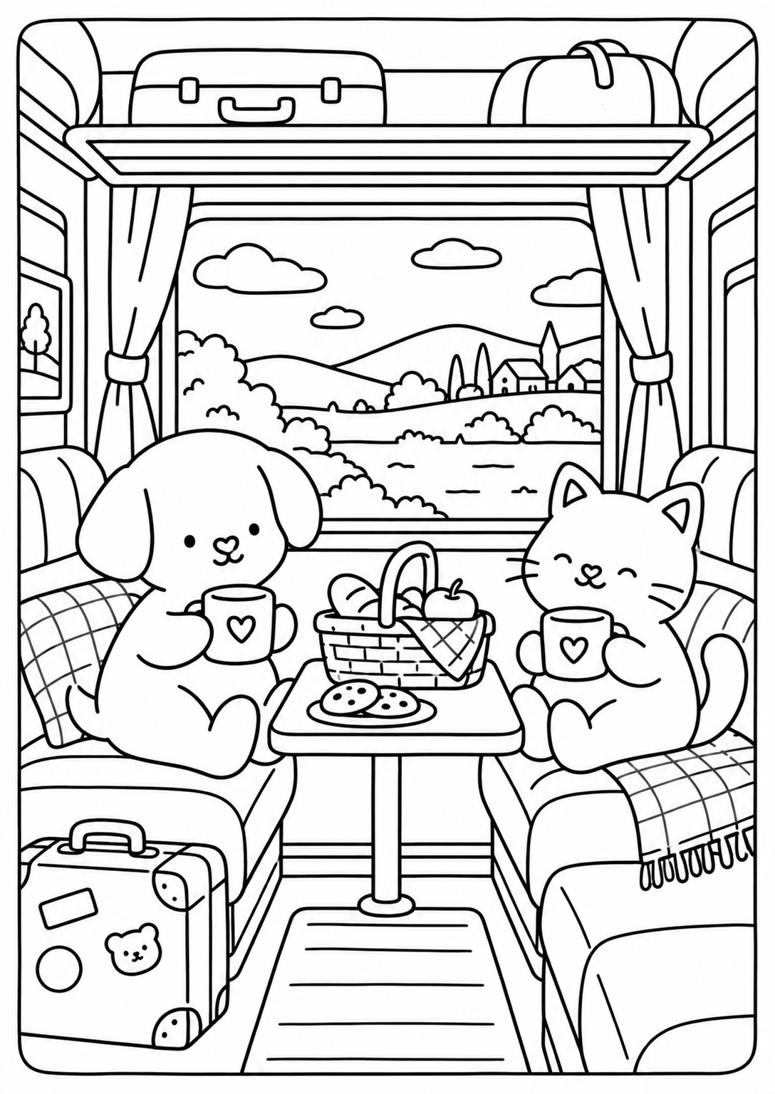 A cozy train journey together — adult coloring page