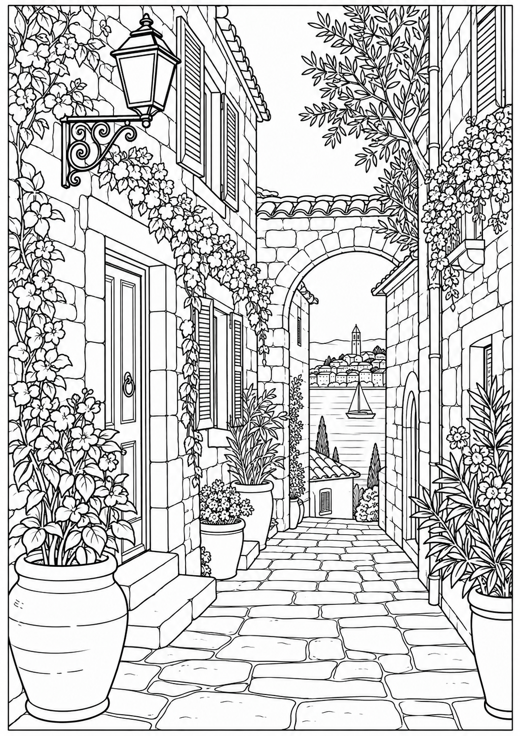 A Croatian stone alley — black-and-white adult coloring page
