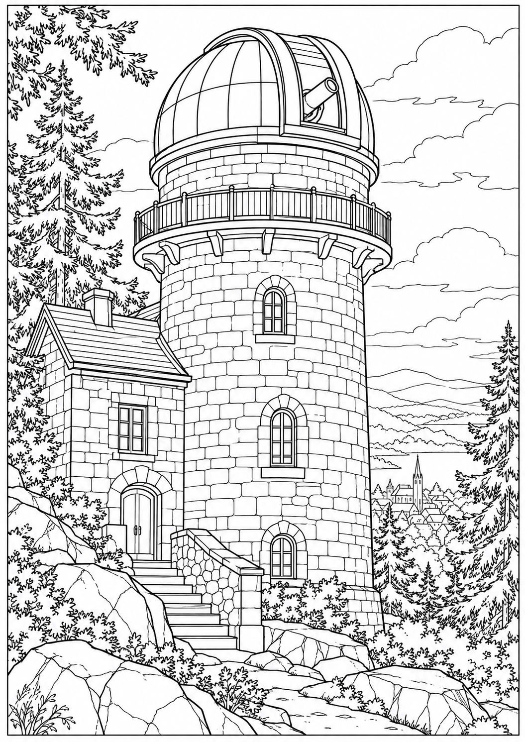 A Czech astronomical tower — black-and-white adult coloring page