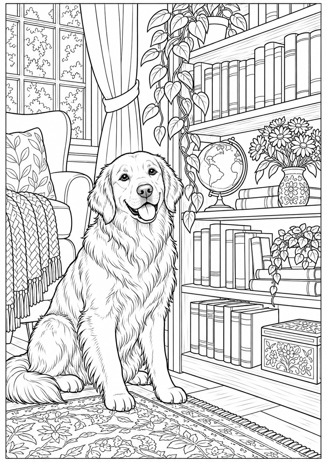 A dog beside the bookshelf — black-and-white adult coloring page