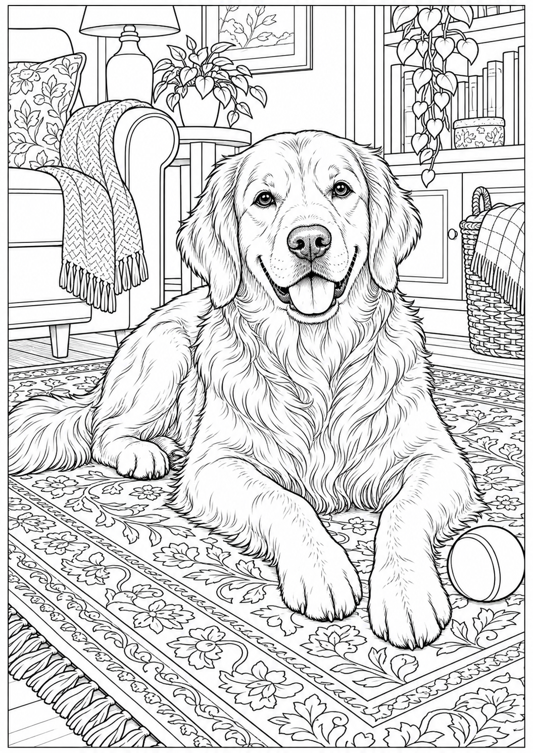 A dog on a rug — black-and-white adult coloring page
