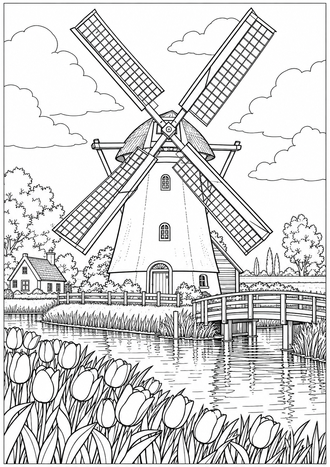 A Dutch windmill — black-and-white adult coloring page