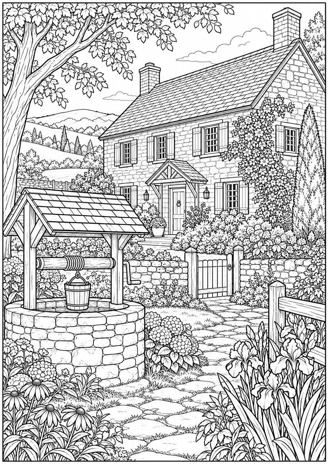A farmhouse with a well — black-and-white adult coloring page