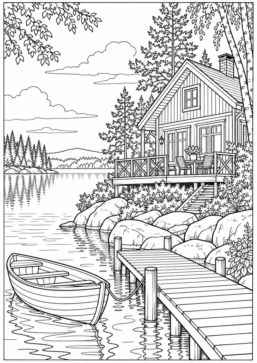 A Finnish lakeside house — black-and-white adult coloring page