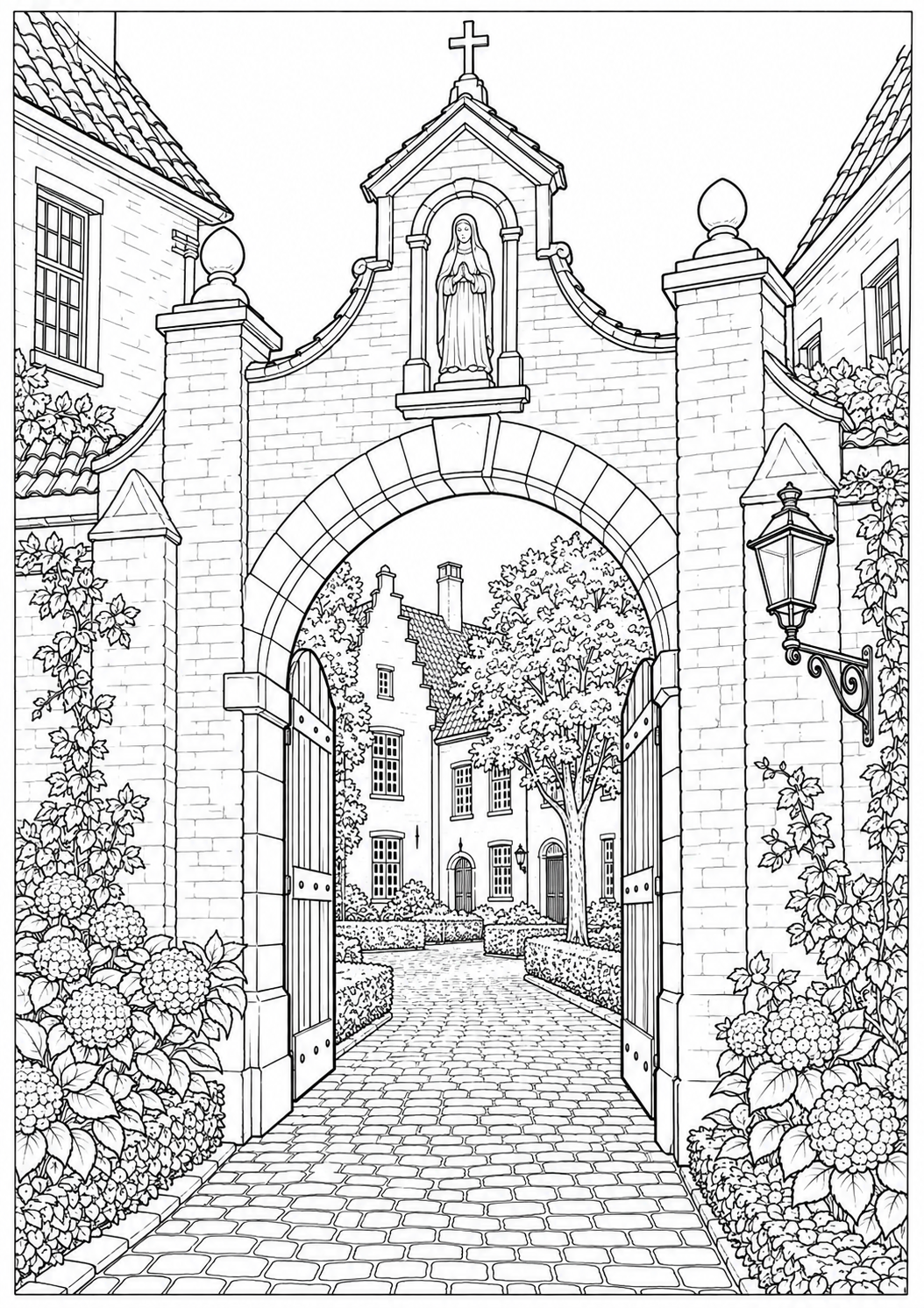 A Flemish beguinage gateway — black-and-white adult coloring page