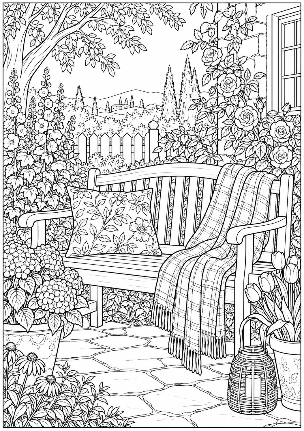 A garden bench with a blanket — black-and-white adult coloring page