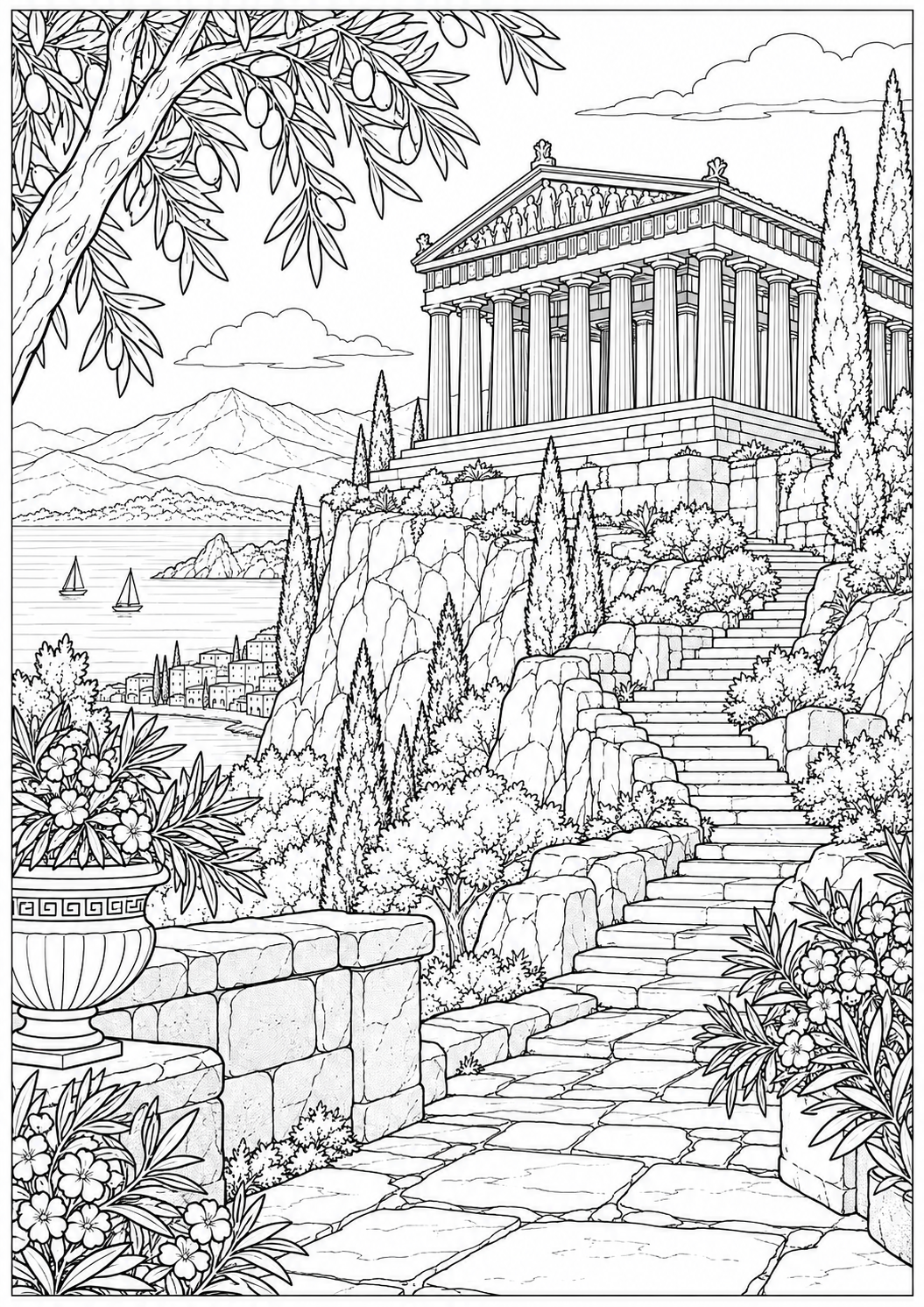 A Greek temple on a hill — black-and-white adult coloring page