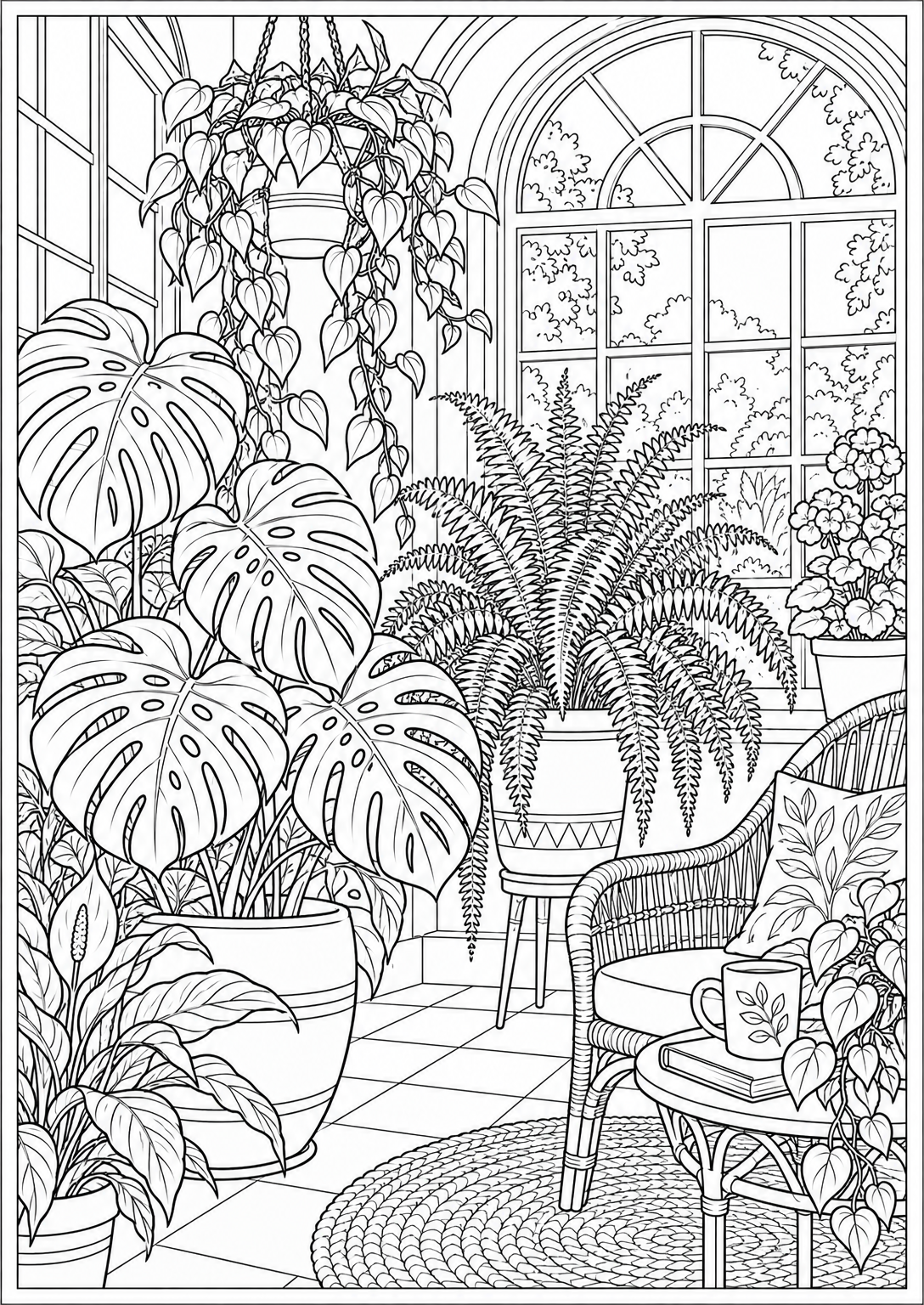A green corner with ferns — adult coloring page