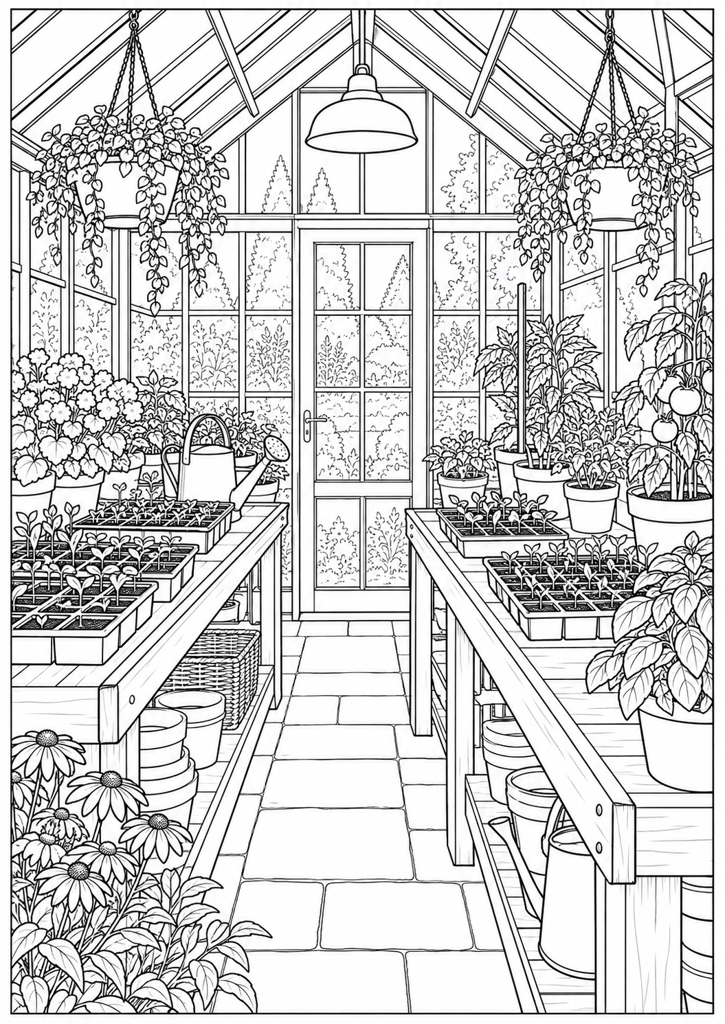 A greenhouse with seed tables — black-and-white adult coloring page