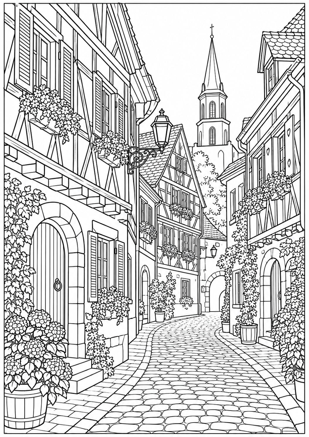 A half-timbered street in Alsace — black-and-white adult coloring page
