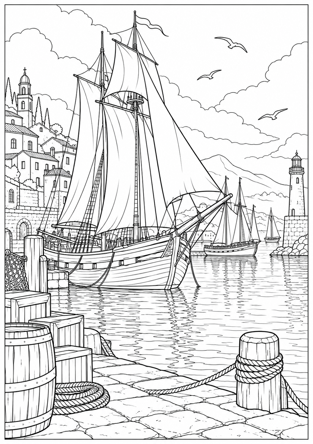 A harbor with sailing ships — black-and-white adult coloring page