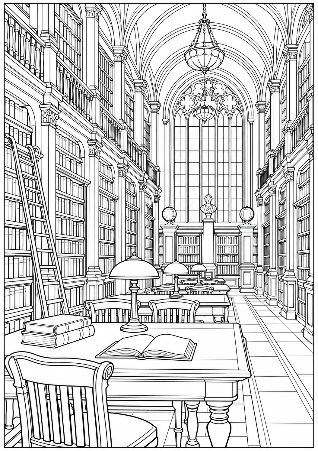 A historic library hall — black-and-white adult coloring page