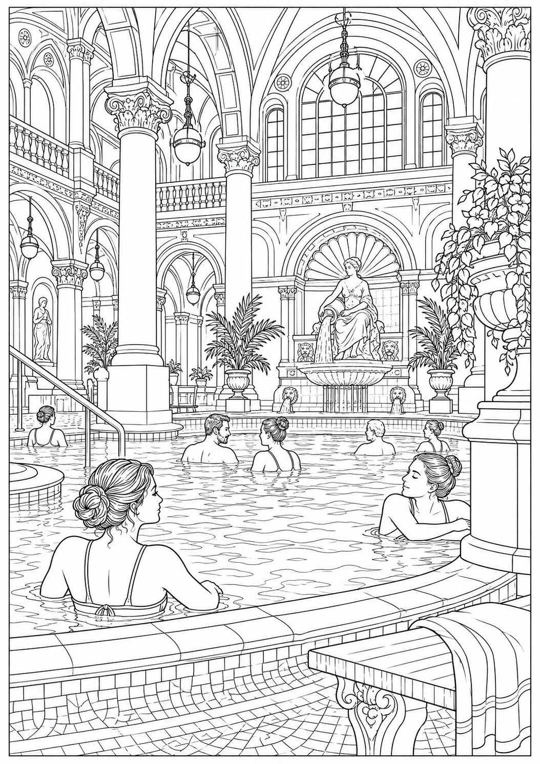 A Hungarian thermal bath hall — black-and-white adult coloring page