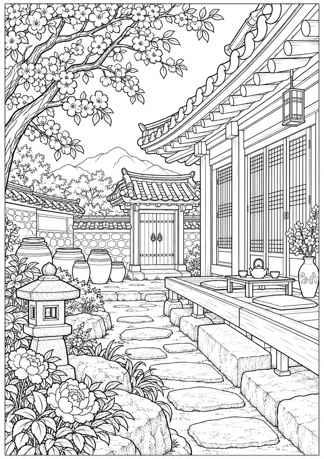 A Korean courtyard — black-and-white adult coloring page