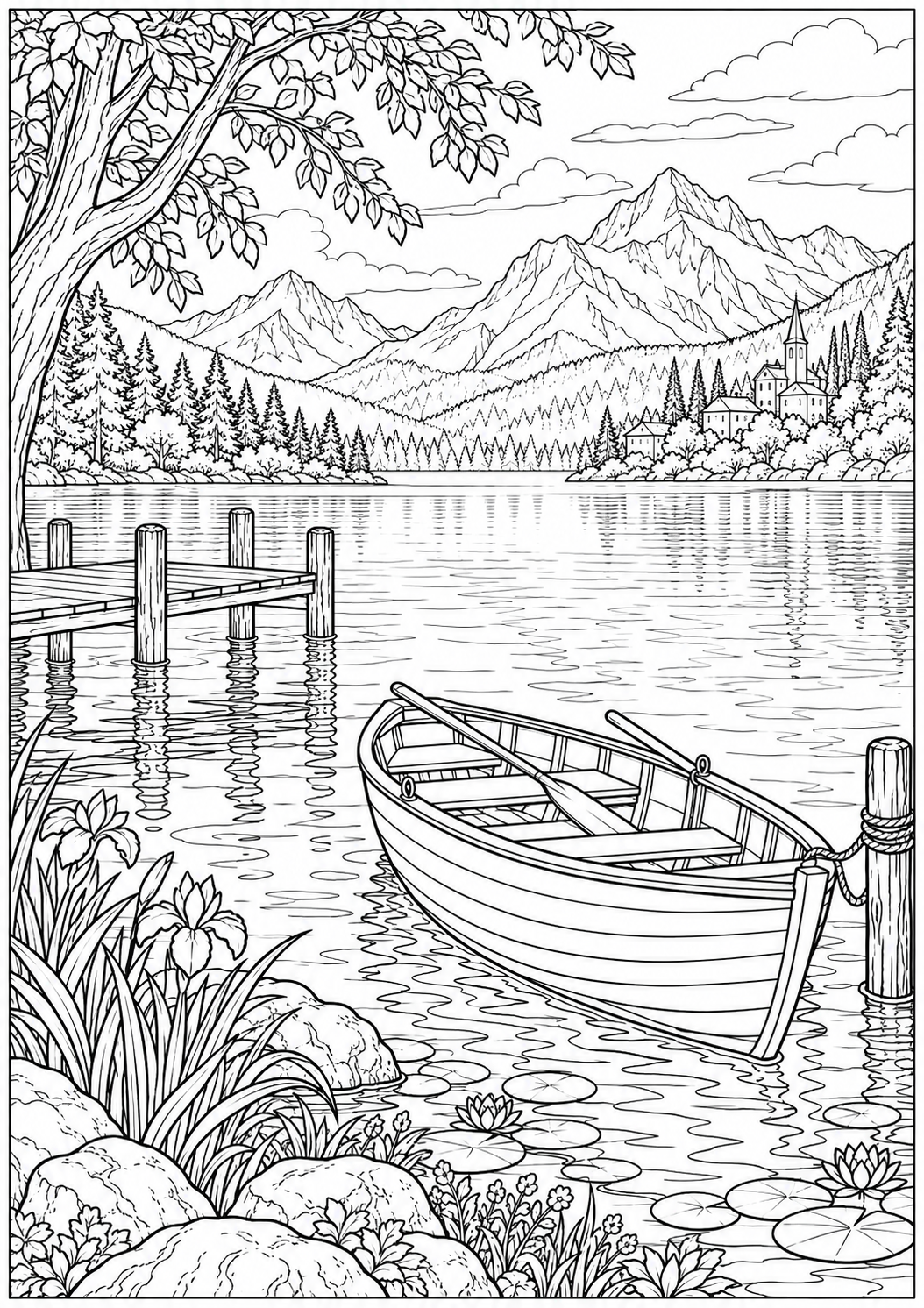 A lake with a rowing boat — black-and-white adult coloring page