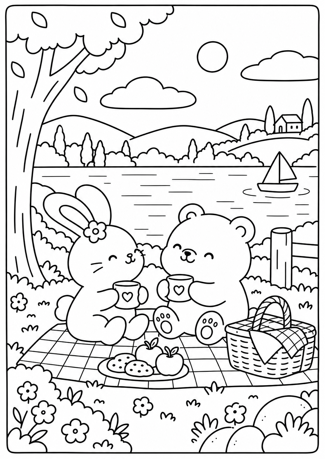 A lakeside picnic — adult coloring page