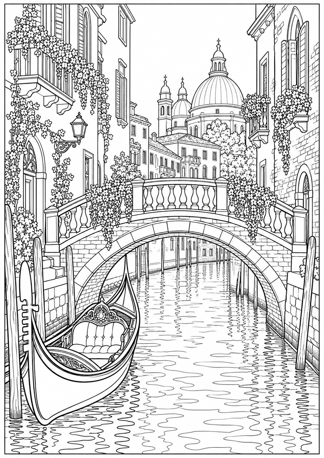 A little Venetian bridge — black-and-white adult coloring page