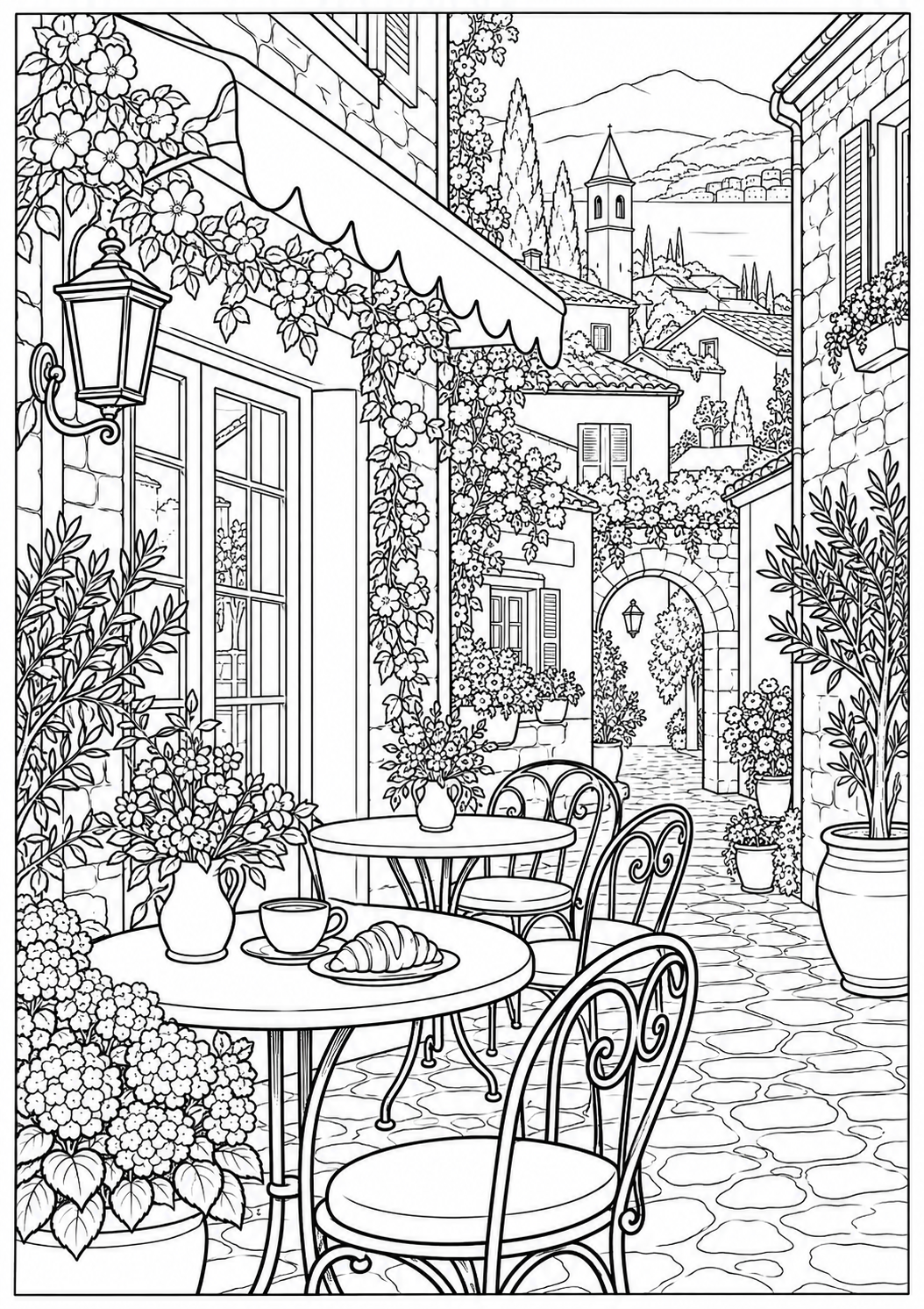 A little village cafe — black-and-white adult coloring page
