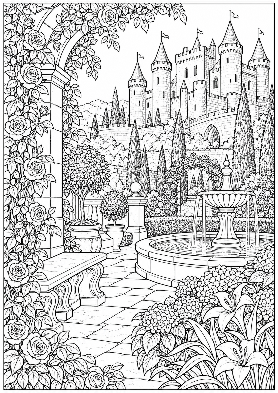 A medieval castle garden — black-and-white adult coloring page
