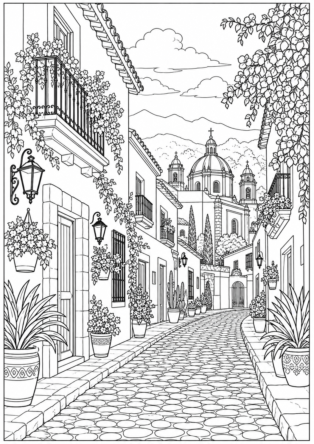 A Mexican street in line art — black-and-white adult coloring page