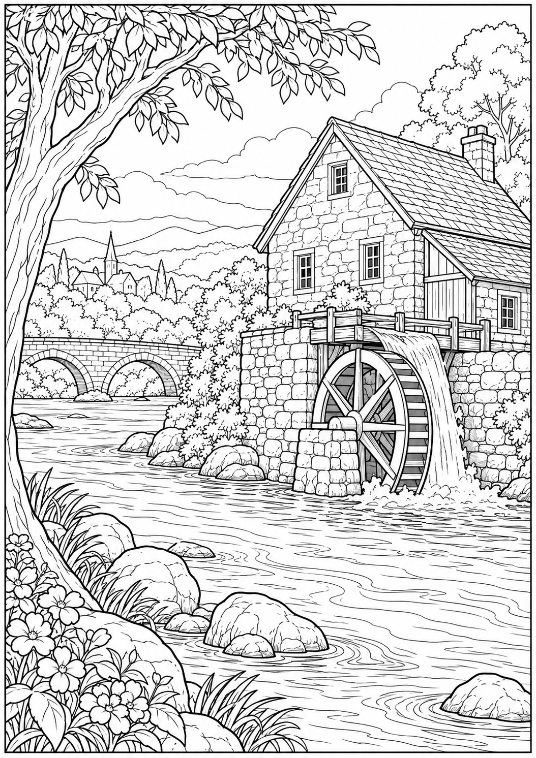 A mill beside a wide river — black-and-white adult coloring page