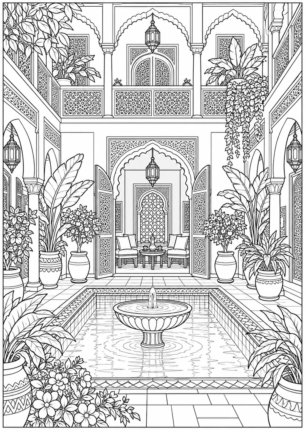 A Moroccan riad — black-and-white adult coloring page