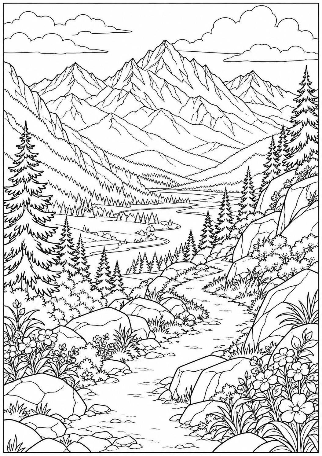 A mountain valley with a winding path — black-and-white adult coloring page