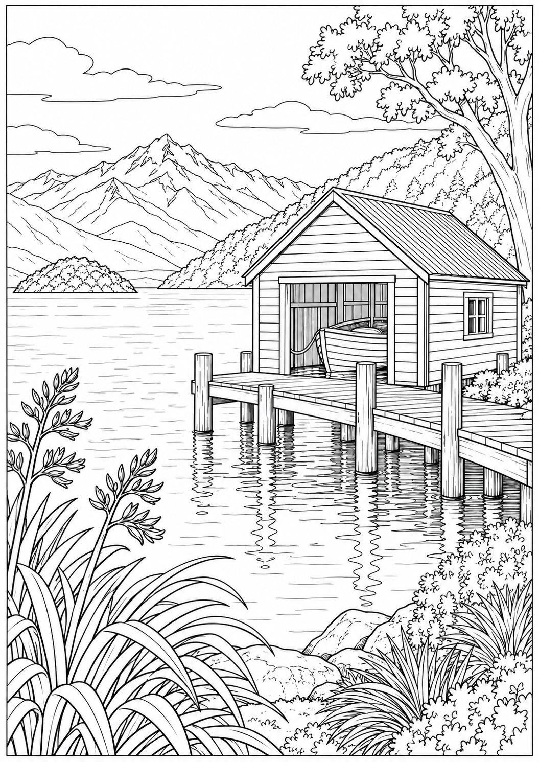 A New Zealand boathouse — black-and-white adult coloring page