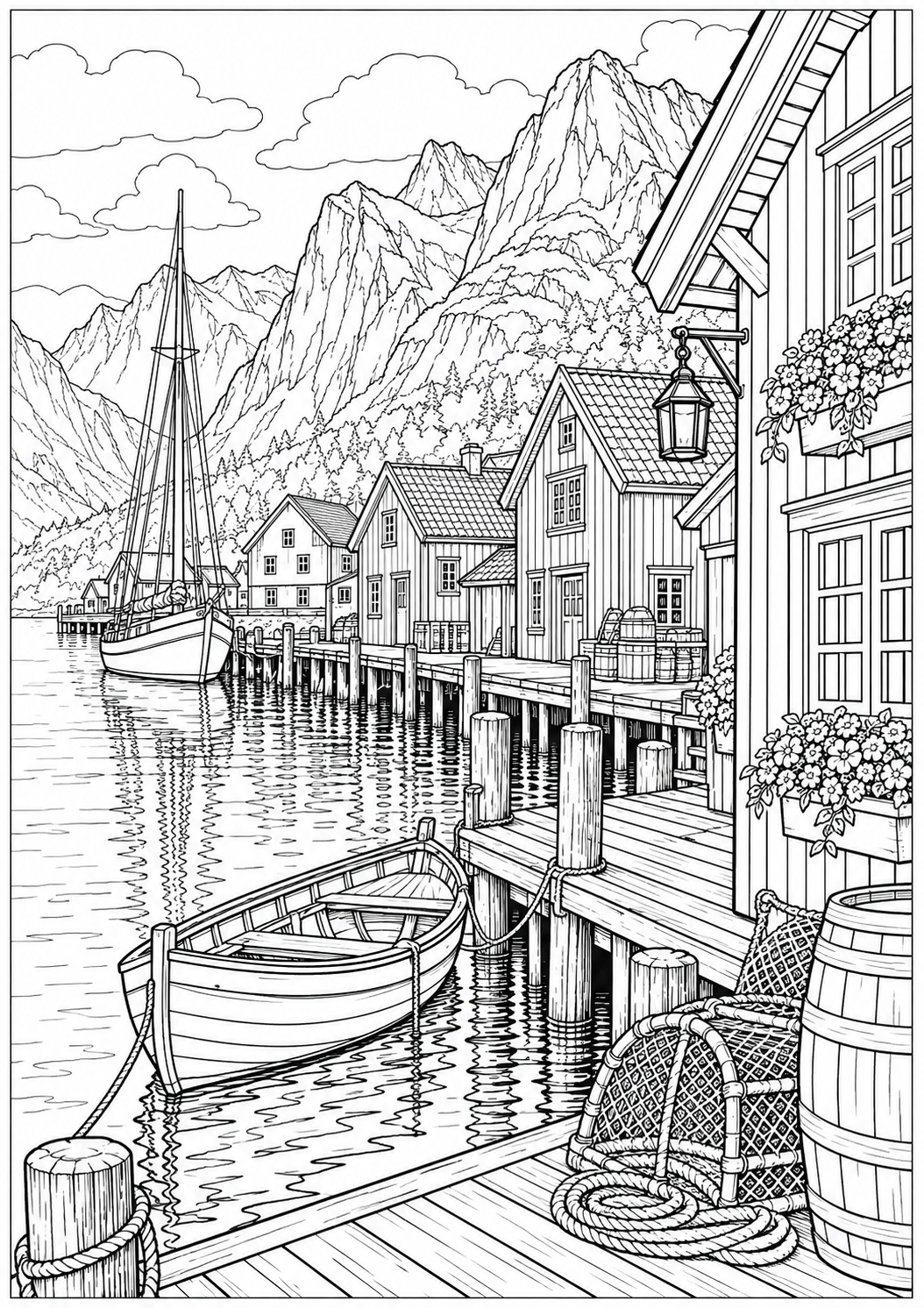 A Norwegian wooden harbor — black-and-white adult coloring page