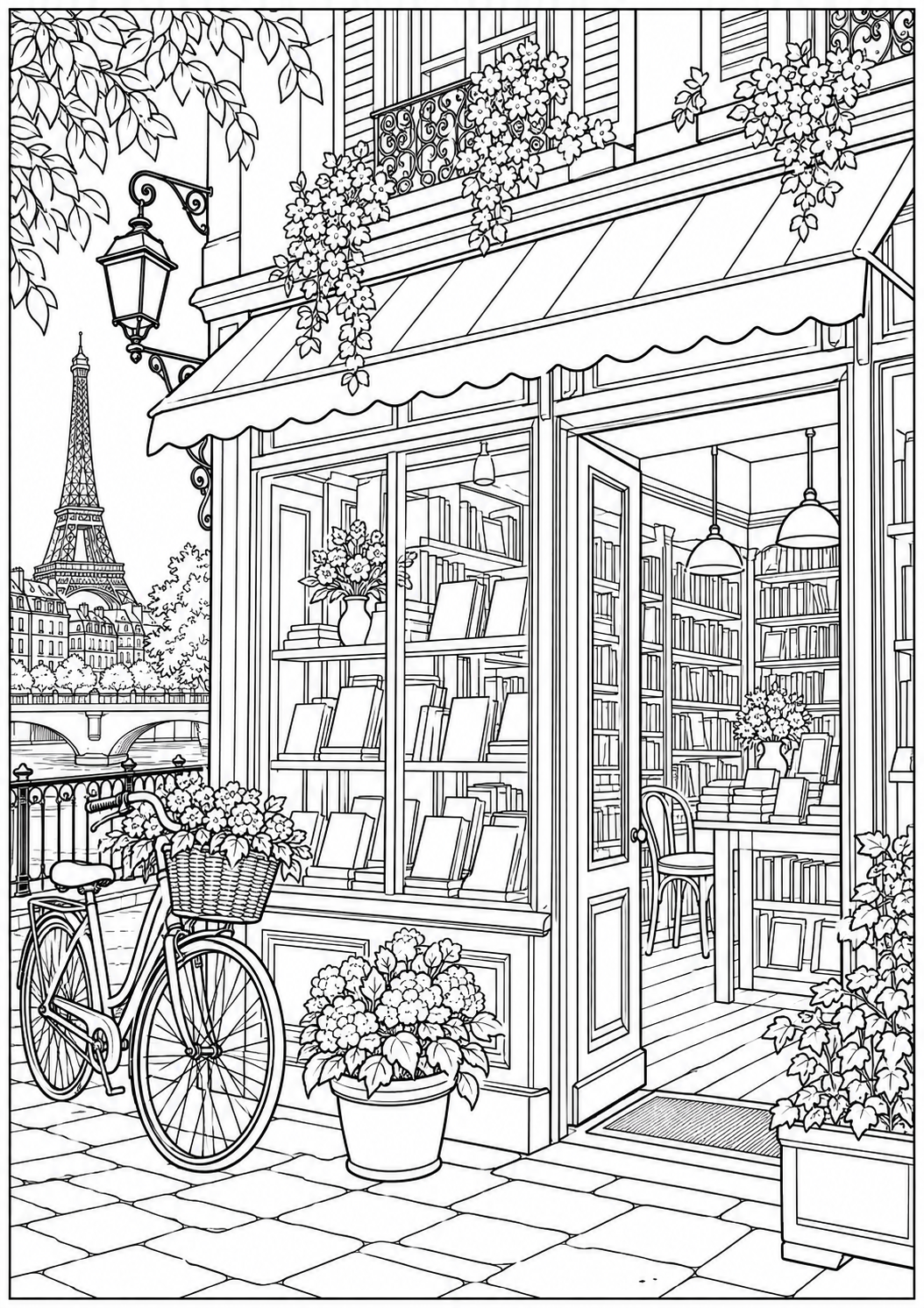 A Parisian bookshop — black-and-white adult coloring page
